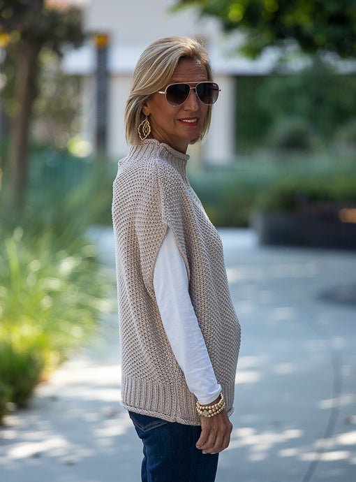 Mocha Mock Neck Cotton Knit Sweater Vest - Just Style LA