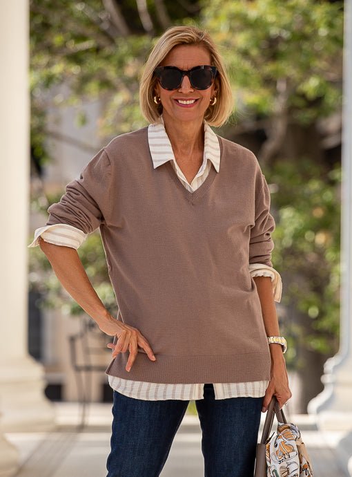 Mocha V Neck Sweater - Just Style LA