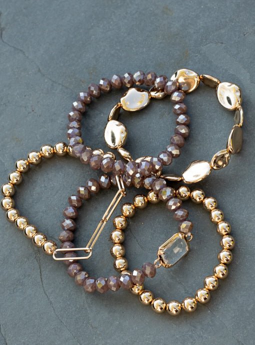 Multi Layered Gray Gold Bead Bracelet Set With Charm - Just Style LA