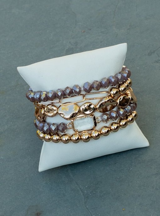 Multi Layered Gray Gold Bead Bracelet Set With Charm - Just Style LA