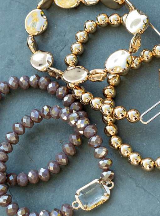 Multi Layered Gray Gold Bead Bracelet Set With Charm - Just Style LA