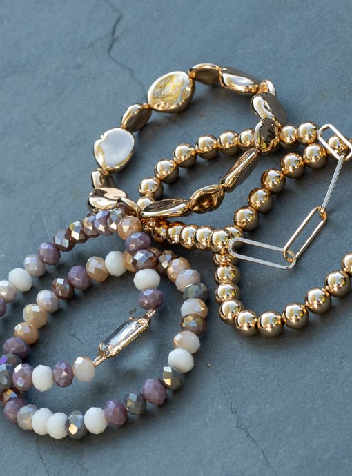 Multi Layered Multi Color And Gold Bead Bracelet Set With Charm - Just Style LA