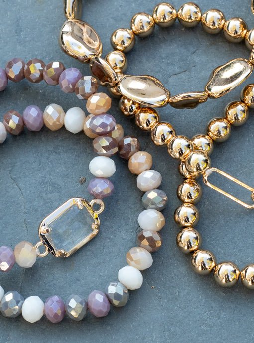 Multi Layered Multi Color And Gold Bead Bracelet Set With Charm - Just Style LA