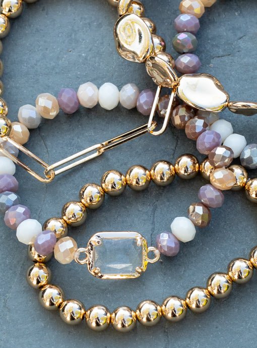 Multi Layered Multi Color And Gold Bead Bracelet Set With Charm - Just Style LA