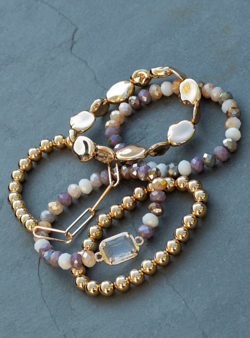 Multi Layered Multi Color And Gold Bead Bracelet Set With Charm - Just Style LA