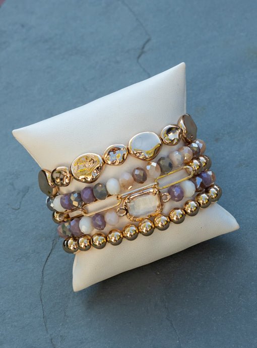 Multi Layered Multi Color And Gold Bead Bracelet Set With Charm - Just Style LA