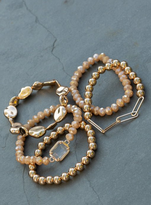 Multi Layered Tan Gold Bead Bracelet Set With Charm - Just Style LA
