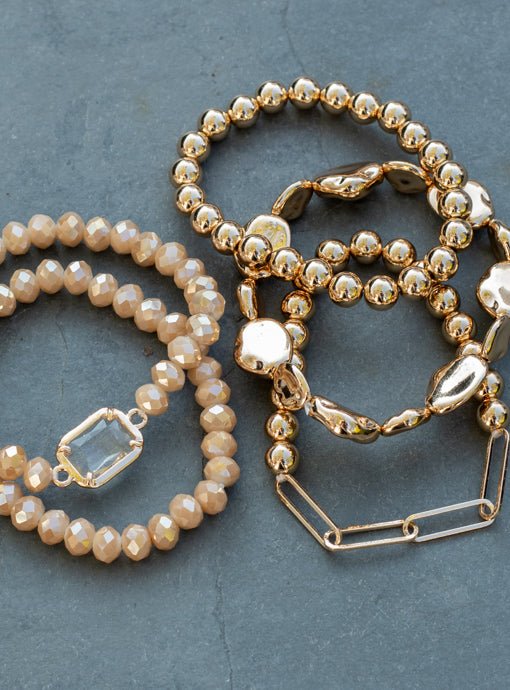 Multi Layered Tan Gold Bead Bracelet Set With Charm - Just Style LA