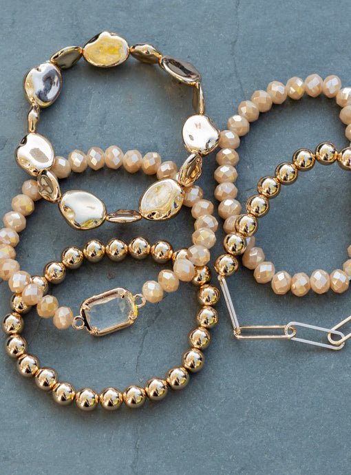 Multi Layered Tan Gold Bead Bracelet Set With Charm - Just Style LA