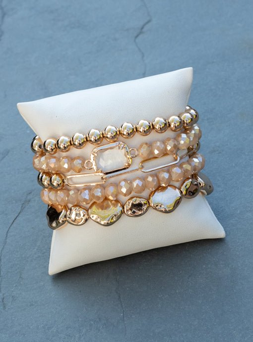Multi Layered Tan Gold Bead Bracelet Set With Charm - Just Style LA