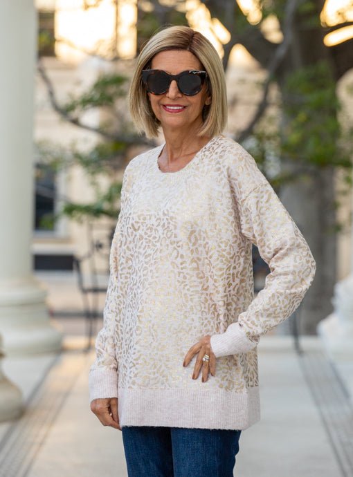 Natural Sweater With Metallic Gold Leopard Print - Just Style LA