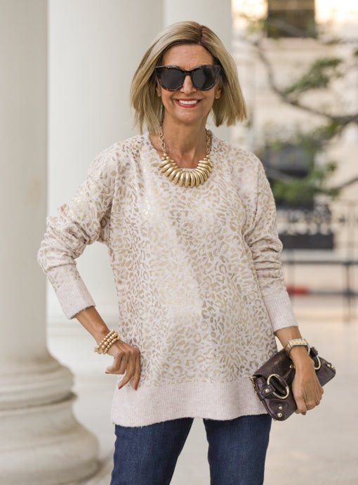 Natural Sweater With Metallic Gold Leopard Print - Just Style LA