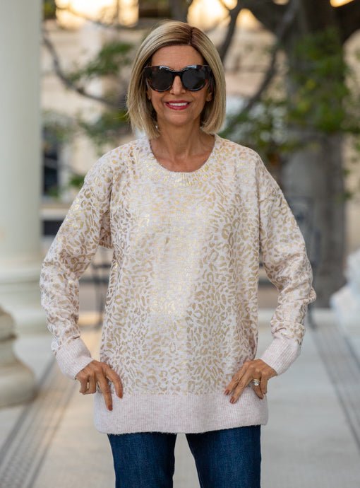 Natural Sweater With Metallic Gold Leopard Print - Just Style LA
