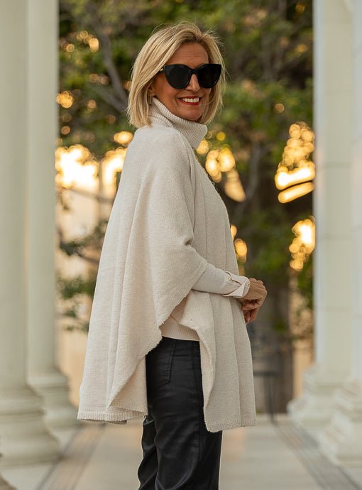 Natural Turtleneck Knit Open Side Poncho - Just Style LA