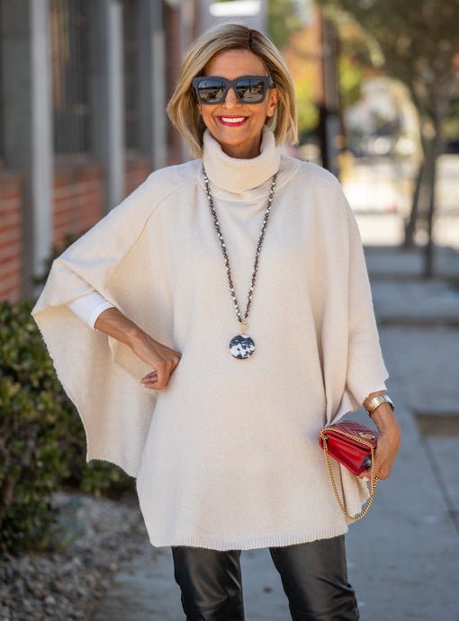 Natural Turtleneck Knit Open Side Poncho - Just Style LA