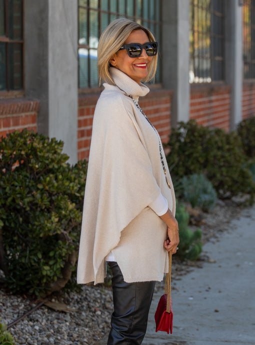 Natural Turtleneck Knit Open Side Poncho - Just Style LA