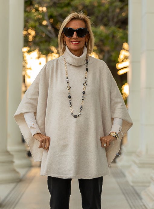 Natural Turtleneck Knit Open Side Poncho - Just Style LA