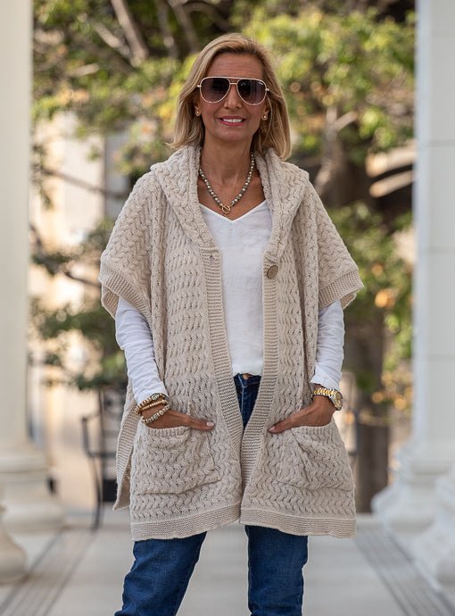 Oatmeal Textured Knit Hooded Poncho Cardigan Vest - Just Style LA