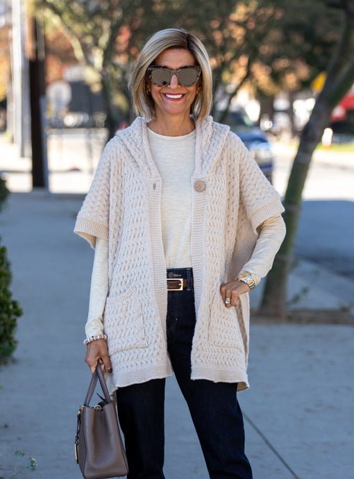 Oatmeal Textured Knit Hooded Poncho Cardigan Vest - Just Style LA