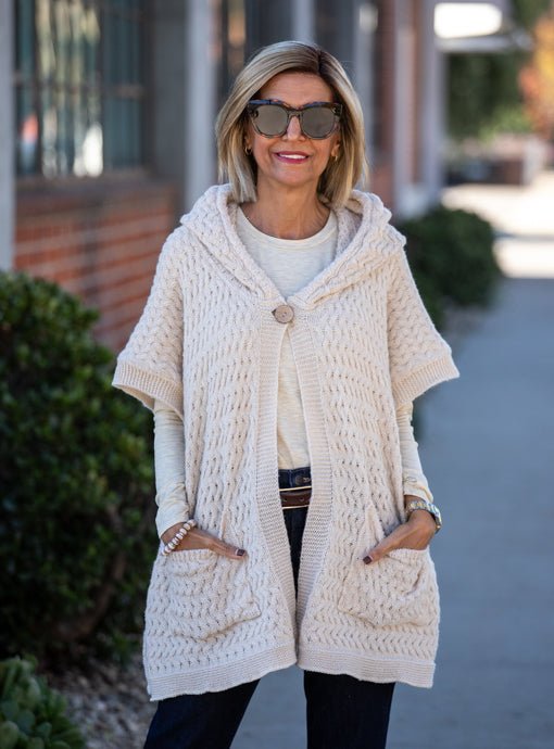 Oatmeal Textured Knit Hooded Poncho Cardigan Vest - Just Style LA