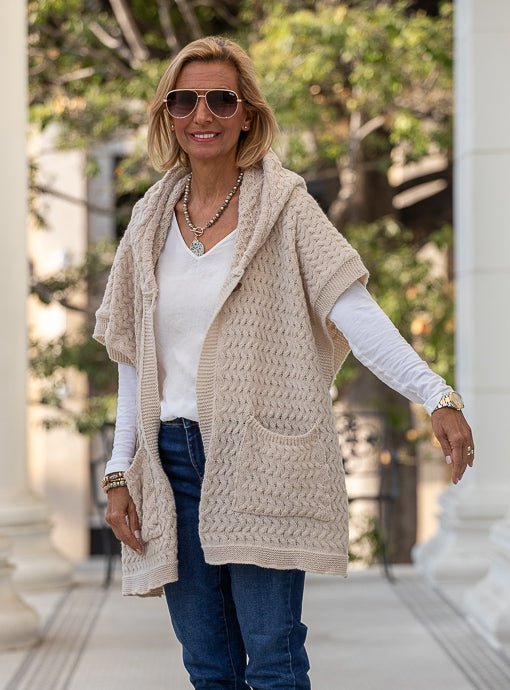 Oatmeal Textured Knit Hooded Poncho Cardigan Vest - Just Style LA