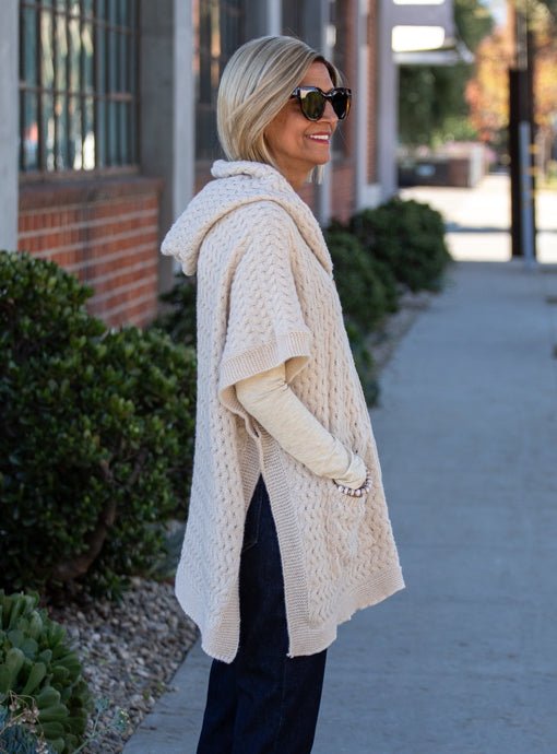 Oatmeal Textured Knit Hooded Poncho Cardigan Vest - Just Style LA