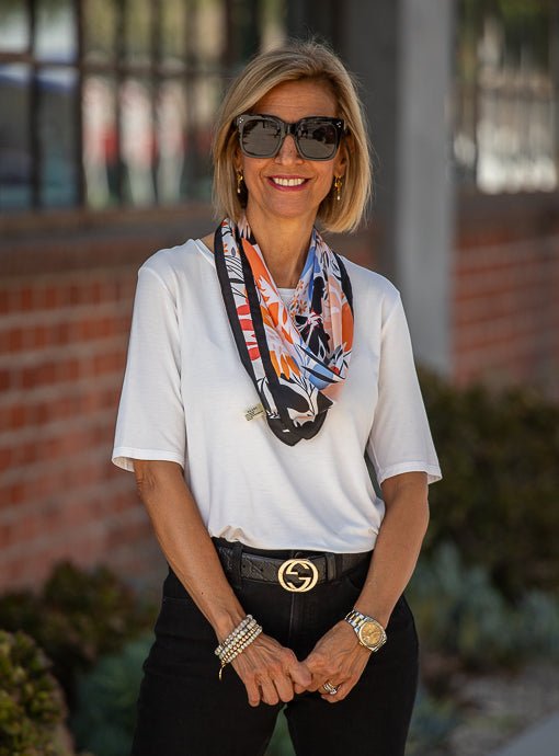 Orange Blue Black Floral Print Silky Neck Scarf - Just Style LA