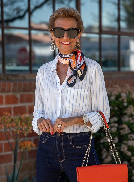 Orange Blue Black Floral Print Silky Neck Scarf Just Style LA Orange Blue Black Floral Print Silky Neck Scarf Just Style LA