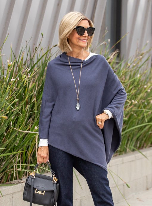 Palermo Blue Gray Pull On Poncho - Just Style LA