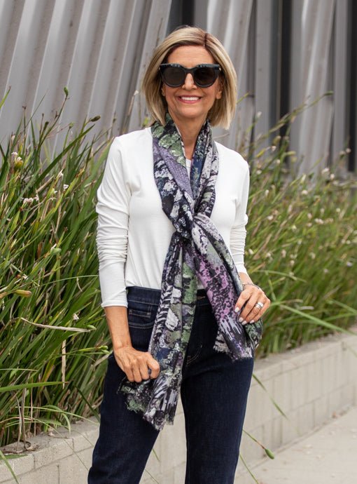 Purple Multi Floral Abstract Print Scarf Shawl - Just Style LA