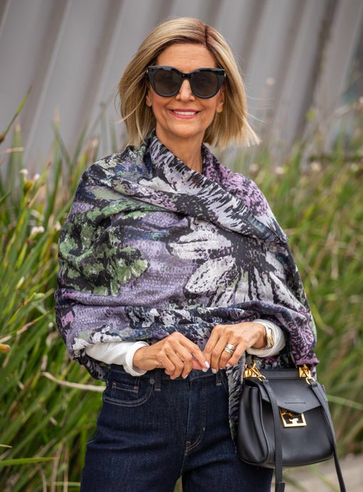 Purple Multi Floral Abstract Print Scarf Shawl - Just Style LA