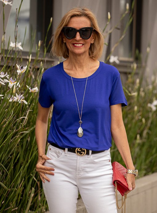 Royal Blue Round Neck Short Sleeve Top - Just Style LA