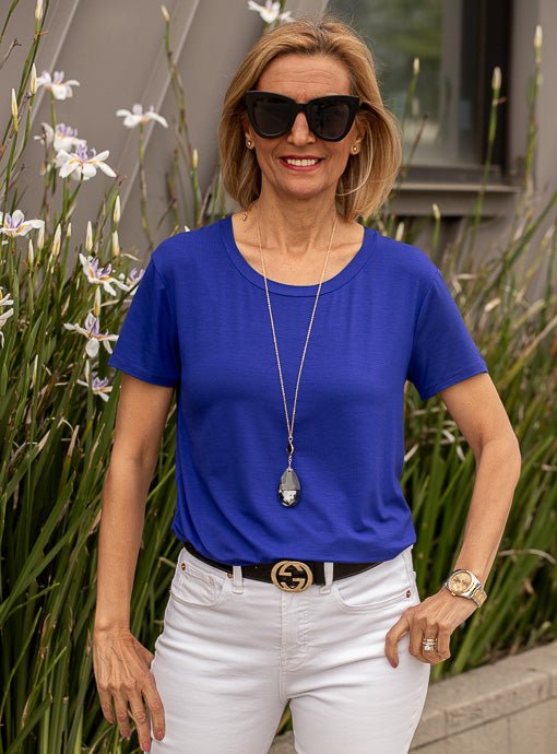 Royal Blue Round Neck Short Sleeve Top - Just Style LA