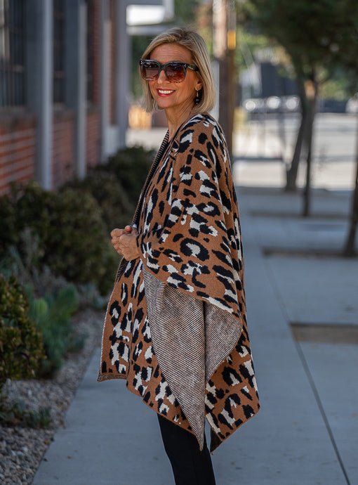 Rust Black Cream Leopard Knit Ruana Poncho With Loop - Just Style LA