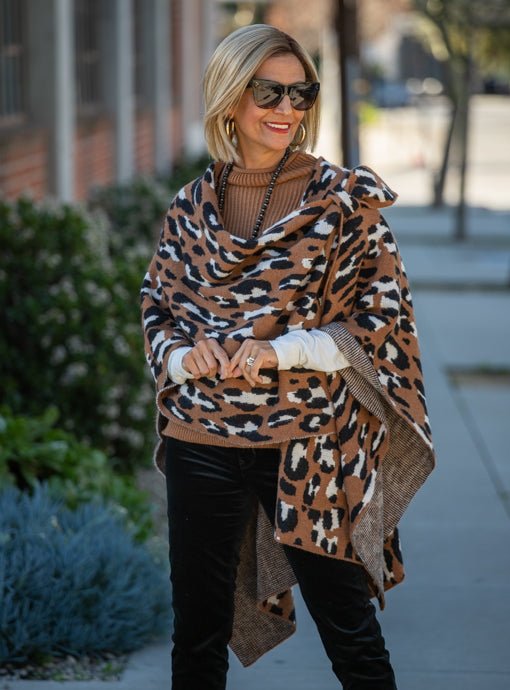 Rust Black Cream Leopard Knit Ruana Poncho With Loop – Just Style LA
