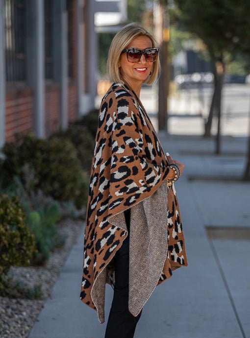 Rust Black Cream Leopard Knit Ruana Poncho With Loop - Just Style LA