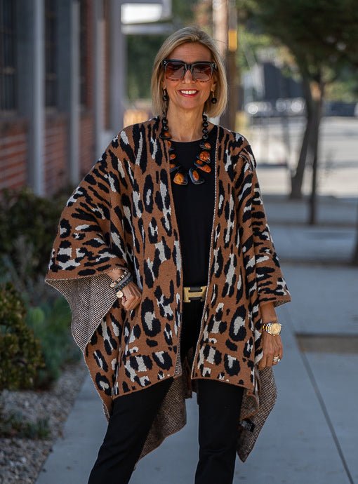 Rust Black Cream Leopard Knit Ruana Poncho With Loop - Just Style LA