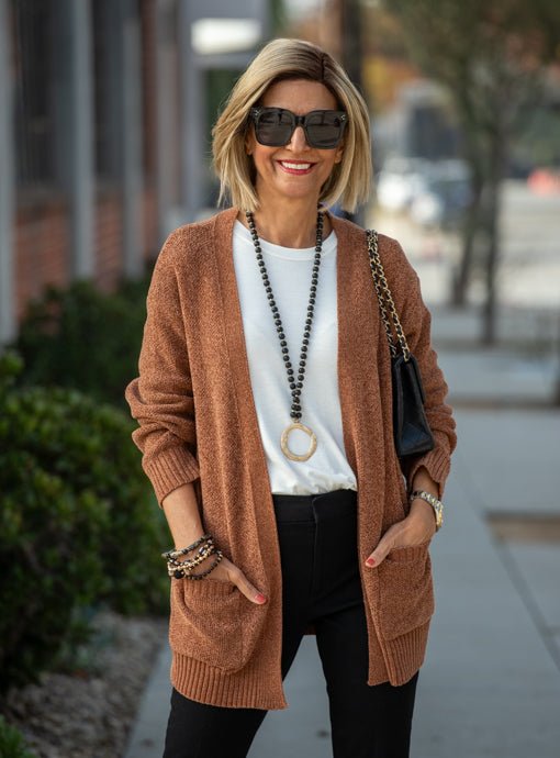 Rust Chenille Cardigan With Pockets - Just Style LA