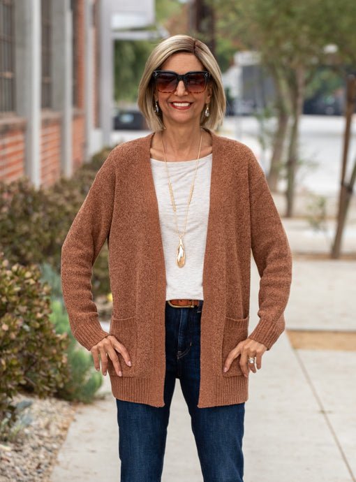 Rust Chenille Cardigan With Pockets - Just Style LA