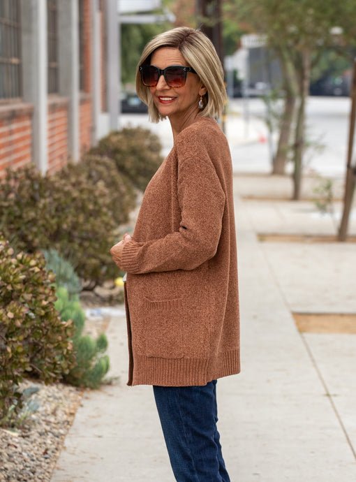 Rust Chenille Cardigan With Pockets - Just Style LA