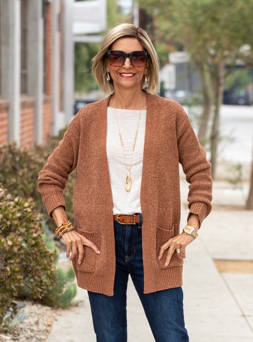 Rust Chenille Cardigan With Pockets - Just Style LA