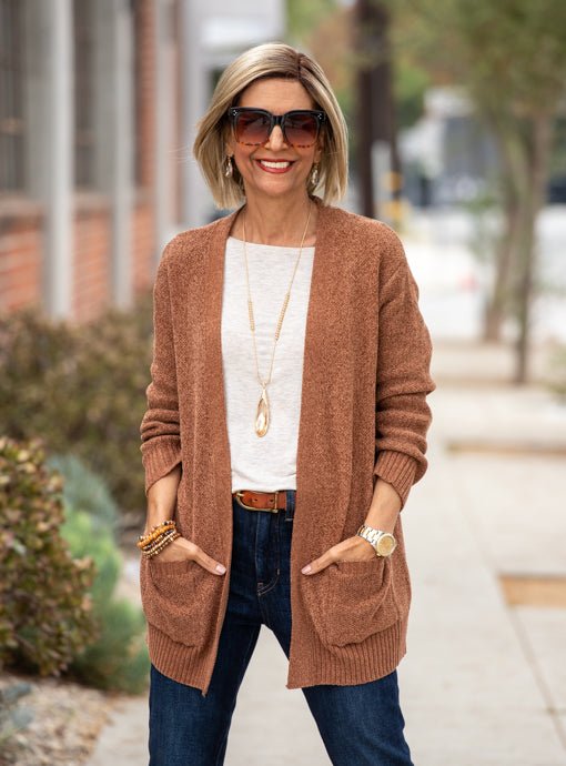 Rust Chenille Cardigan With Pockets - Just Style LA