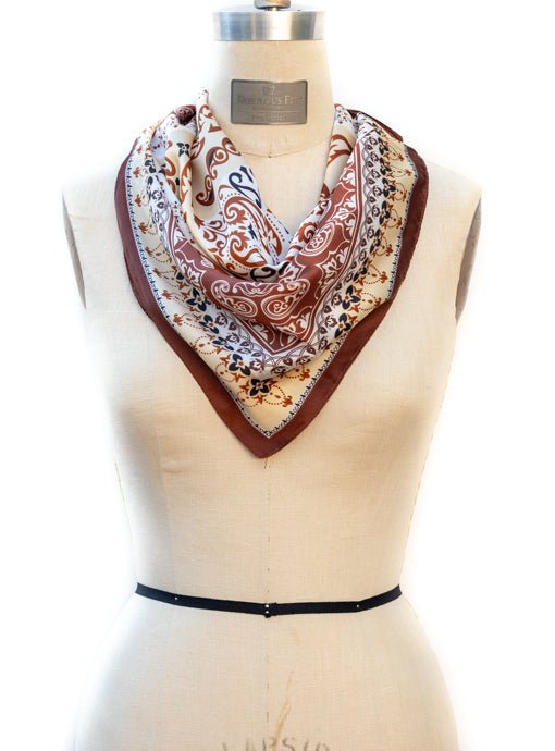 Rust Ivory Black Paisley Arabesque Print Silky Neck Scarf - Just Style LA