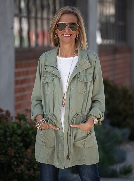 Sage Cargo Jacket With Drawstring Cord Belt - Main Image