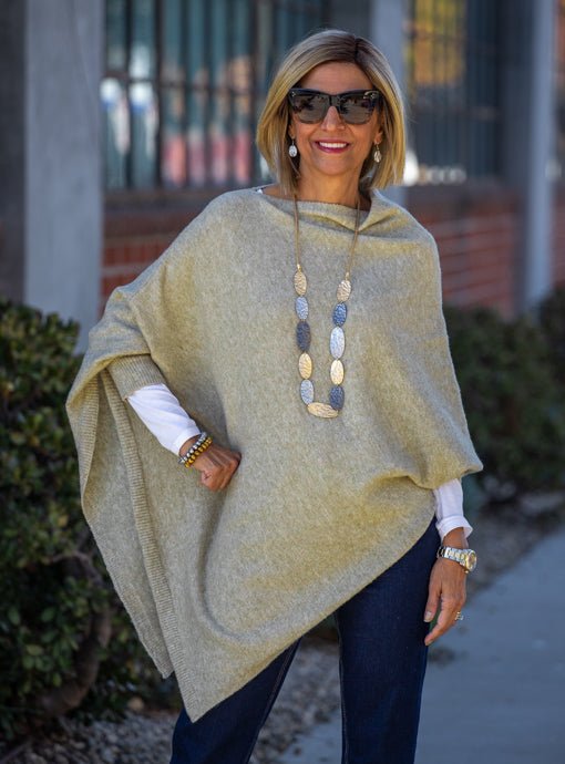 Sage Pull On Poncho With Sleeves - Just Style LA