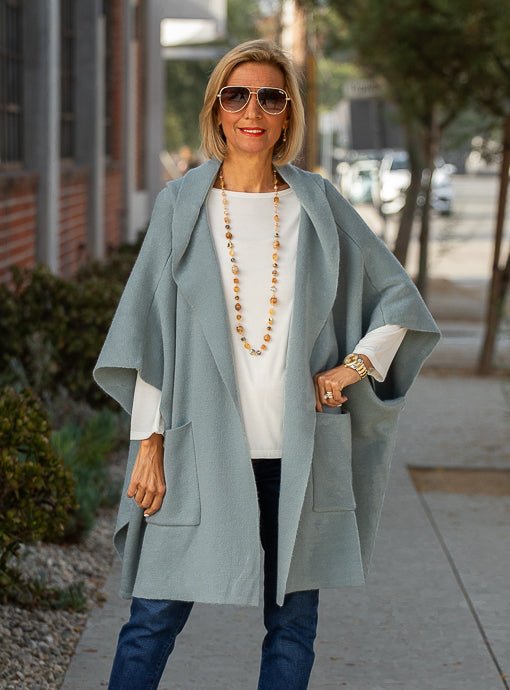 Steel Blue Oversized Hooded Cape Poncho Cardigan - Just Style LA