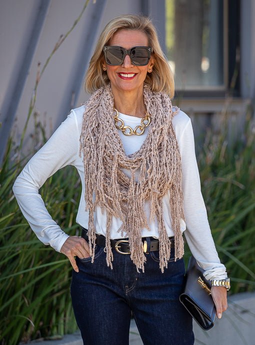 Tan Open Weave Textured Yarn Infinity Scarf with fringe - Just Style LA