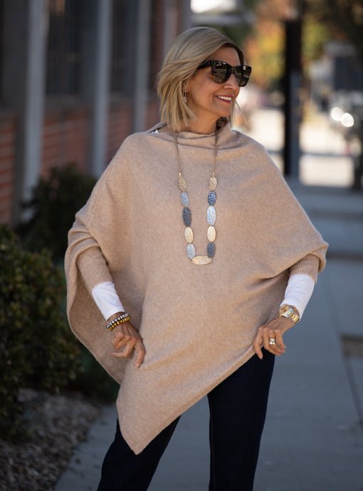 Tan Pull On Poncho With Sleeves - Just Style LA