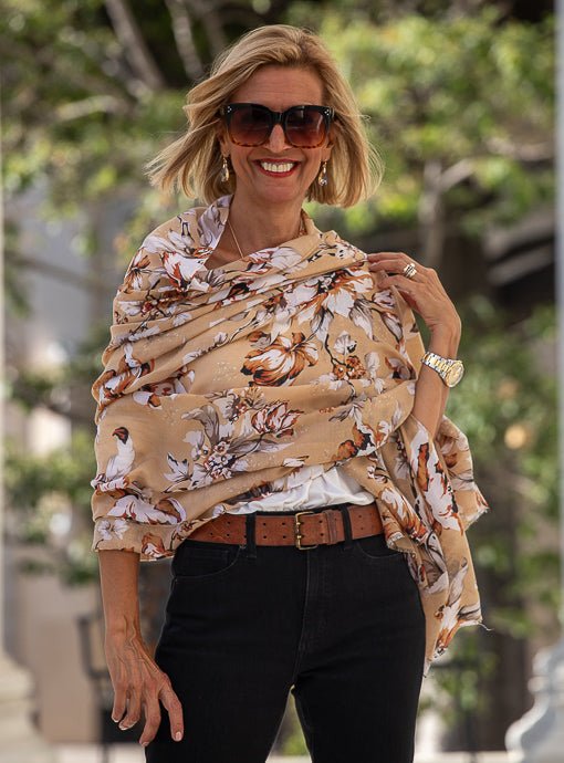 Tan Rust White Floral Print Scarf Shawl - Just Style LA