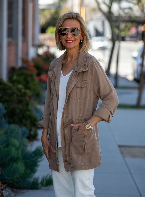 Taupe Cargo Jacket With Drawstring Cord Belt - Just Style LA